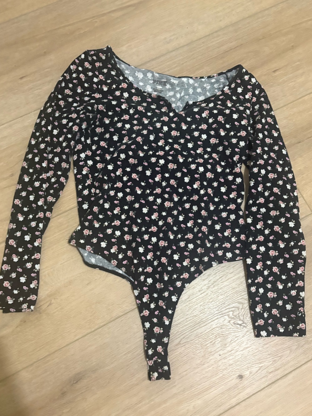PINK Victoria's Secret Black Long Sleeve Floral One-Piece Bodysuit
